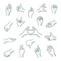 Doodle hand gestures. Finger fist and arm sketch line signs, numbers thumb up and like gestures. Vector hand drawn Royalty Free Stock Photo