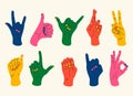 Doodle hand gestures. Trendy colourful male and female hands showing various gestures, contemporary abstract art. Vector