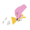 Doodle hand holding saxophone. Concept of sharing old toys, recycling old thing. Vector illustration for card, poster