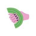 Doodle hand holds a rainbow. Concept of sharing old toy, recycling old thing. Vector illustration for poster, media