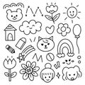 Doodle handdrawn cartoon with black line for element, illustration. Cat, dog, girl, flower Royalty Free Stock Photo