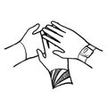 Doodle Hands of diverse group of people putting together. Concept of cooperation, unity, togetherness, partnership, agreement, Royalty Free Stock Photo