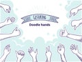 Doodle hands like dislike. Happy client hand drawn concept, thumb up and disagree business sketch. Vector customer