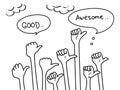 Doodle hands up set. thumbs up hand drawn with speech bubble