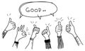 Doodle hands up set. thumbs up hand drawn with speech bubble