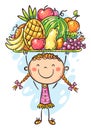 Doodle happy girl holding fresh fruits