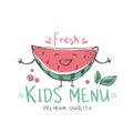 Doodle of happy watermelon slice. Fresh fruit with funny face. Colorful template for children menu for restaurants and cafes