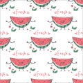 Doodle of happy watermelon slice. Fresh summer fruit with funny face. Colorful seamless pattern, on white background. Texture, Royalty Free Stock Photo