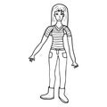 Doodle happy young lady in striped t-shirt, skinny jeans and boots