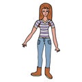 Doodle happy young lady in striped t-shirt, skinny jeans and boots