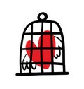 Doodle heart with bird wings sitting in the cage as prisoner. Vector illustration of romantic love in captivity.