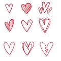 Doodle heart collection with red color handdrawn style vector