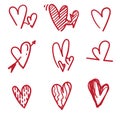 Doodle heart collection with red color handdrawn style vector