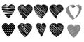 Doodle heart icon set. Black shape. Ink style. Love symbol. Cartoon art. Hand drawn. Vector illustration. Stock image. Royalty Free Stock Photo