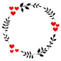 Doodle heart and leaf circle frame on a black background. Wreath of leaves. Ready template for design, postcards, printing.