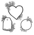 Doodle heart pattern, an oval and a label with flowers