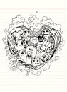 Doodle heart shape and doodles Monsters sketch. Vector