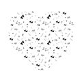 Doodle heart shaped pattern. Simple minimalistic background with various elements.