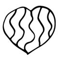 Doodle heart with wavy ornament. White and black isolated vector element, outline drawing. Saint Valentins day.