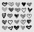 Doodle hearts. Hand drawn love heart icons. Scribble sketch valentine grunge hearts vector elements isolated on