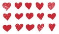 Doodle hearts. Hand drawn red symbols. Isolated painted over or shaded shapes. Pencil sketch for decoration Valentine Royalty Free Stock Photo