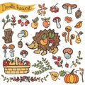 Doodle hedgehog,berries,mushrooms,fruits.Harvest Royalty Free Stock Photo