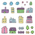 Doodle home set color. Hand drawn house vector set. Cartoon style vector illustration. Fun houses