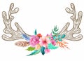 Doodle horns with watercolor flowers and feathers Royalty Free Stock Photo