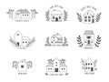 Doodle house logo. Cute hand drawn rural farm and country cottage with floristic elements, real estate line emblem. Vector Royalty Free Stock Photo