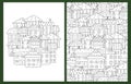 Doodle houses coloring pages set in US Letter format. Black and white city background Royalty Free Stock Photo