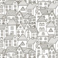 Doodle houses seamless pattern. Black and white city background