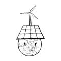 Doodle humour drawing with earth face and solar battary. Nature friendly solar energy. Wind power plant. Vector scratch