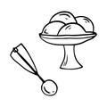 Doodle ice cream in bowl, hand drawn disher serving scoop spoon. Outline vector illustration isolated on white