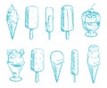 Doodle ice cream cones vector set. Hand drawn cartoon ice creams Royalty Free Stock Photo