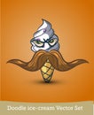 Doodle ice-cream with mustache isolated on orange background. Vector