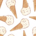 Doodle ice cream in a waffle cone seamless pattern. Vector illustration Royalty Free Stock Photo