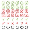 Doodle icon set. Check mark hand drawn with different circle arrows, circles, squares and underlines. Vector illustration Royalty Free Stock Photo