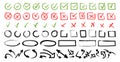 Doodle icon set. Check mark hand drawn with different circle arrows, circles, squares and underlines. Vector illustration