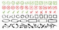 Doodle icon set. Check mark hand drawn with different circle arrows, circles, squares and underlines. Vector illustration Royalty Free Stock Photo