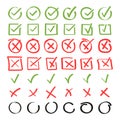 Doodle icon set. Check mark hand drawn with different circle arrows, circles, squares and underlines. Vector illustration