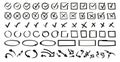 Doodle icon set. Check mark hand drawn with different circle arrows, circles, squares and underlines. Vector illustration