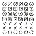 Doodle icon set. Check mark hand drawn with different circle arrows, circles, squares and underlines. Vector illustration