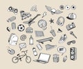 Doodle icon set. Monochrome hand drawn collection of doodle elements for design. Set for boy or teenager Royalty Free Stock Photo