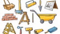 Doodle icons for construction and building. Wheelbarrow with sand, crane, brick wall, trowel, palette and blueprint