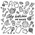 Doodle icons set of kitchen appliances and objects. Hand-drawn cooking items. Household appliances and houseware. Vector