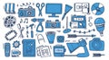 Doodle icons for video edition. Film, scissors, magic wand, camera and camcorder. Sliders, loudspeaker, play button, and