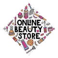 Online beauty store. Lettering with doodles