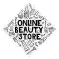 Online beauty store. Lettering with doodles