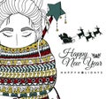 Doodle illustration card girl Santa. New Year. Vector. Coloring page Anti stress Royalty Free Stock Photo