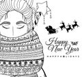 Doodle illustration card girl Santa. New Year. Vector. Coloring page Anti stress for adults Royalty Free Stock Photo